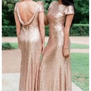 Sorella Vita Cowl Back Sequin Gown Drape Back Gold Cap Sleeve Maxi Dress Size 12